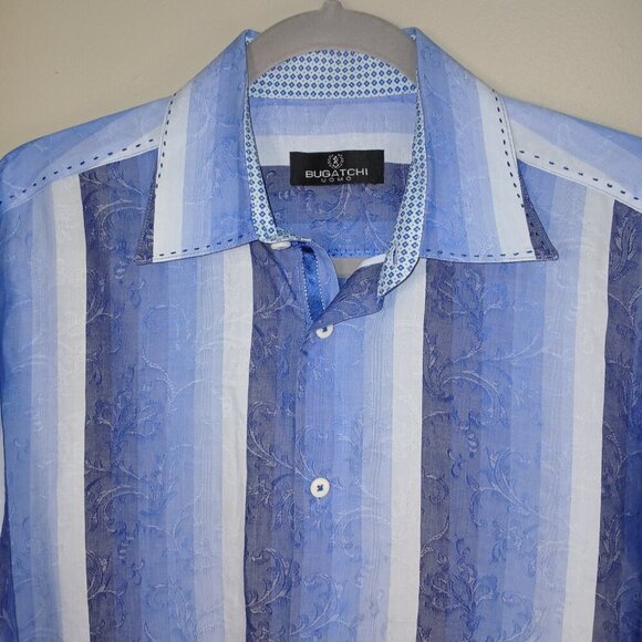 BUGATCHI UOMO BUTTON DOWN DRESS SHIRT BLUE STRIPES SIZE L MENS - Picture 1 of 7